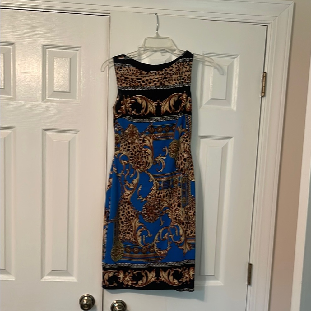 Cache Blue and Gold Sheath Midi Dress